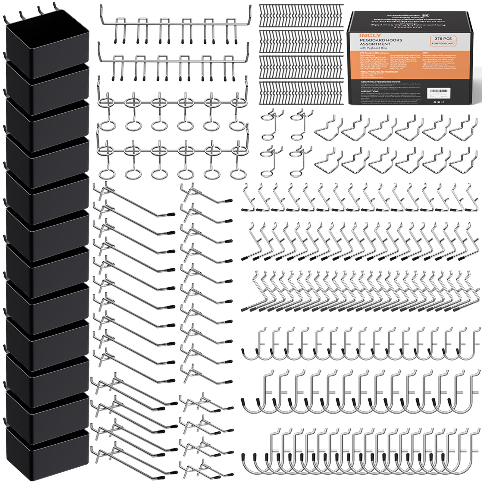 INCLY vista frontal del kit con ganchos y contenedores para organizar herramientas