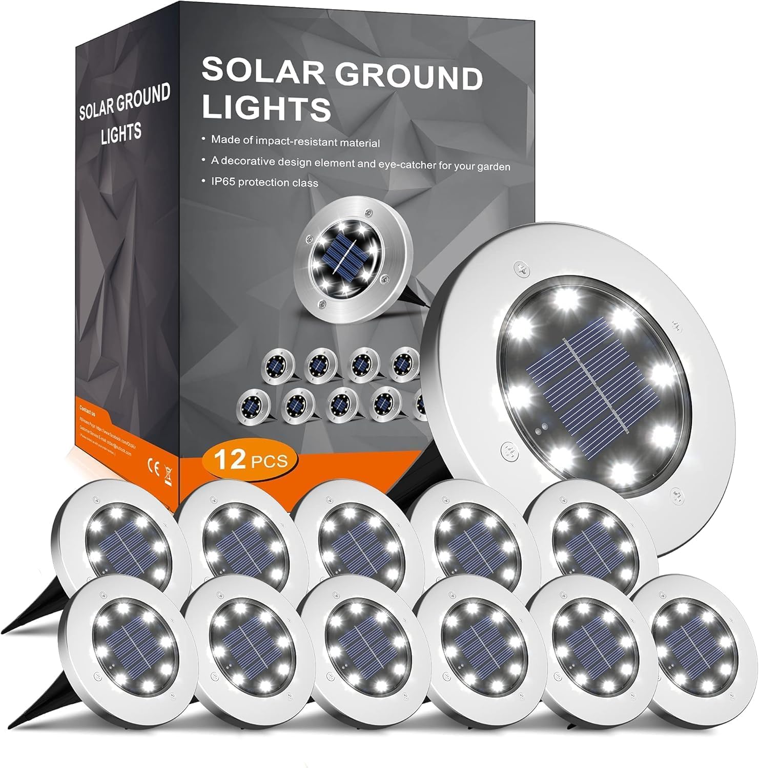 INCX front view of twelve packaged solar ground lights showing included units and stakes, highlights convenience