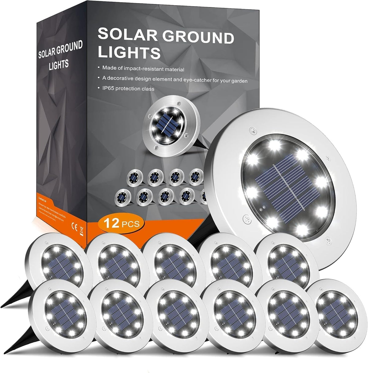 INCX front view of twelve packaged solar ground lights showing included units and stakes, highlights convenience