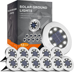 INCX front view of twelve packaged solar ground lights showing included units and stakes, highlights convenience