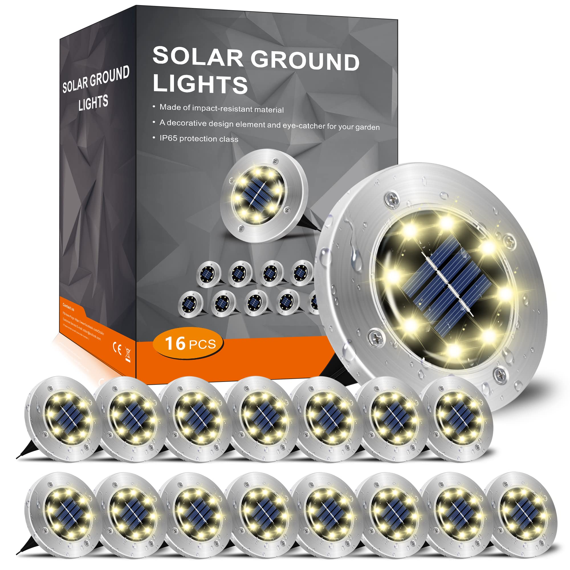 INCX vista frontal del paquete de 16 luces solares mostrando diseño y color cálido