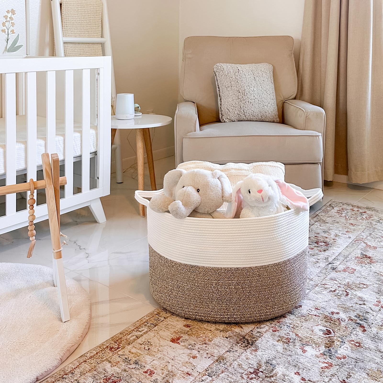 INDRESSME basket beside sofa showing real-world scale and space-saving benefit