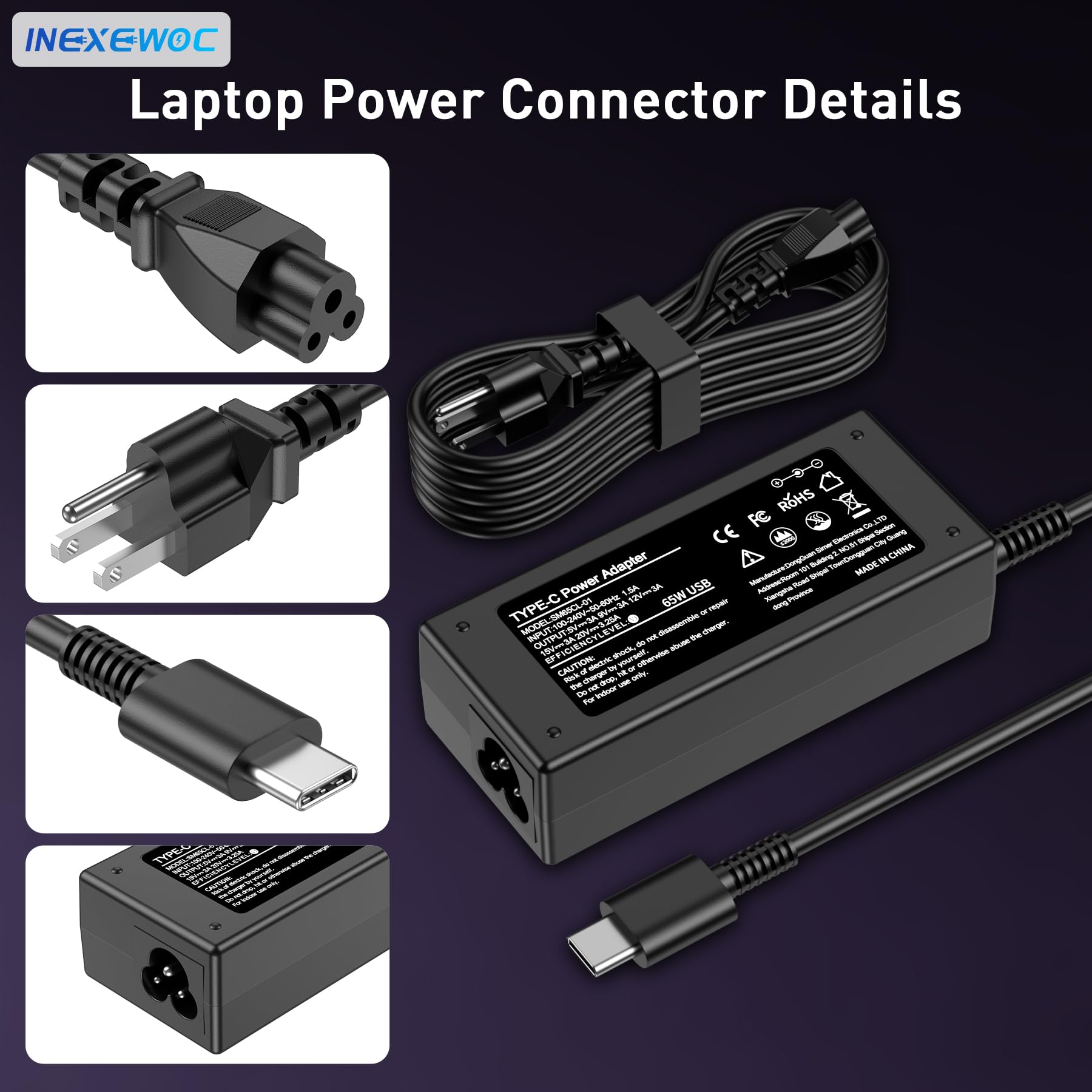INEXEWOC detalle del puerto USB‑C, ilustra conexión segura y entrega de potencia estable