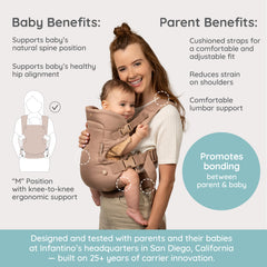 Infantino Flip Luxe on caregiver in back carry showing hands-free convenience and comfort