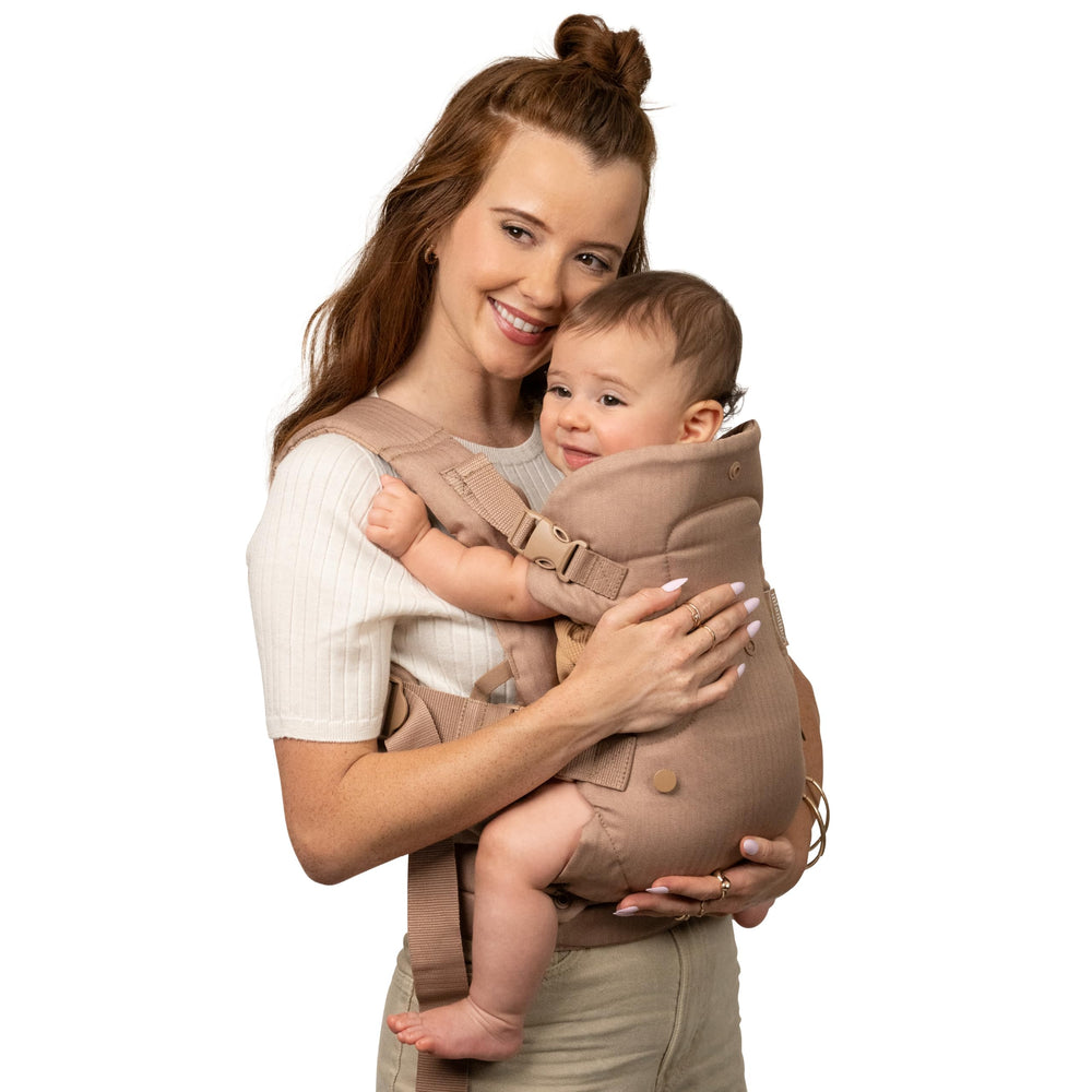 Infantino Flip Luxe front view showing carrier fit and easy adjustments for comfort