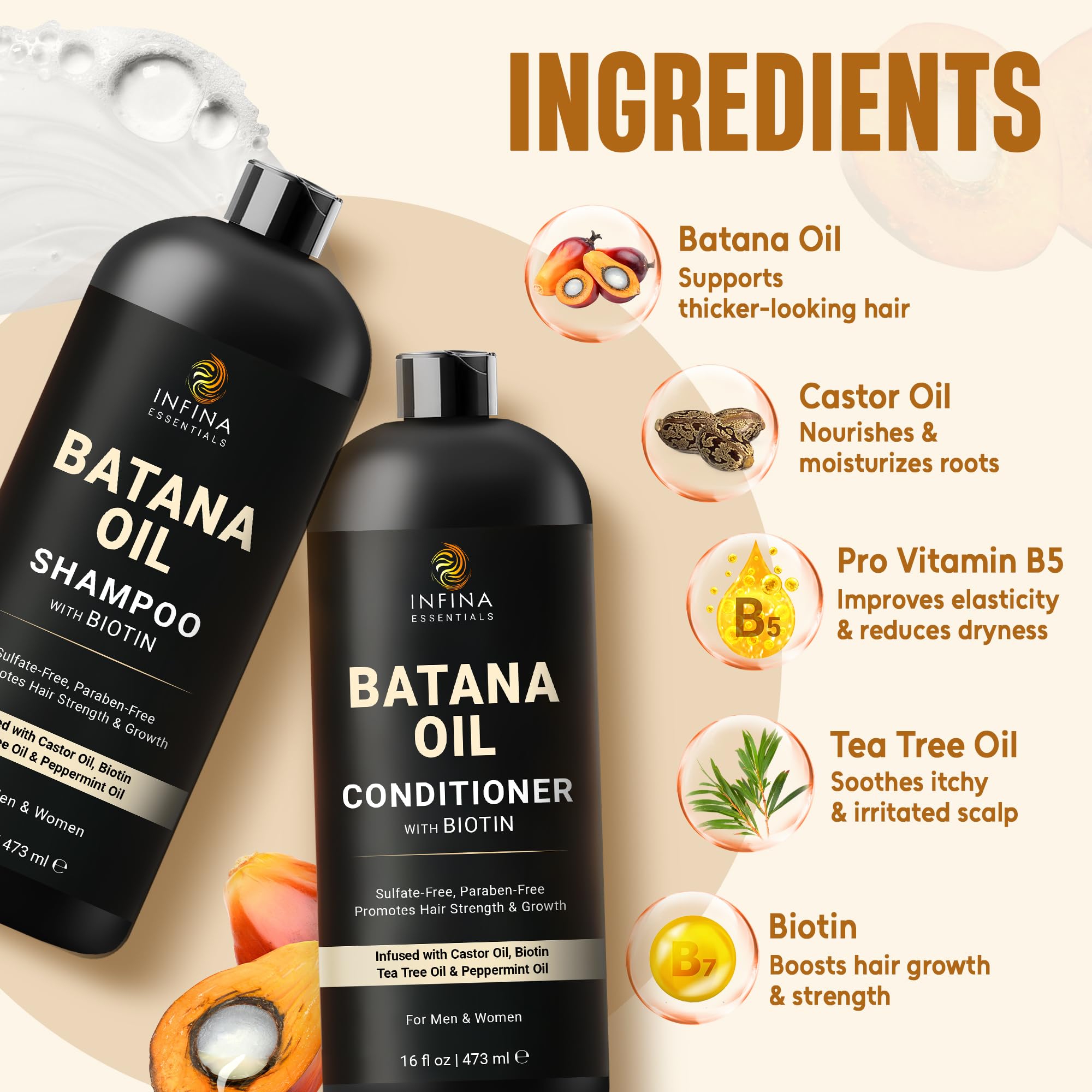 INFINA ESSENTIALS botella con lista de ingredientes visibles, resalta componentes naturales
