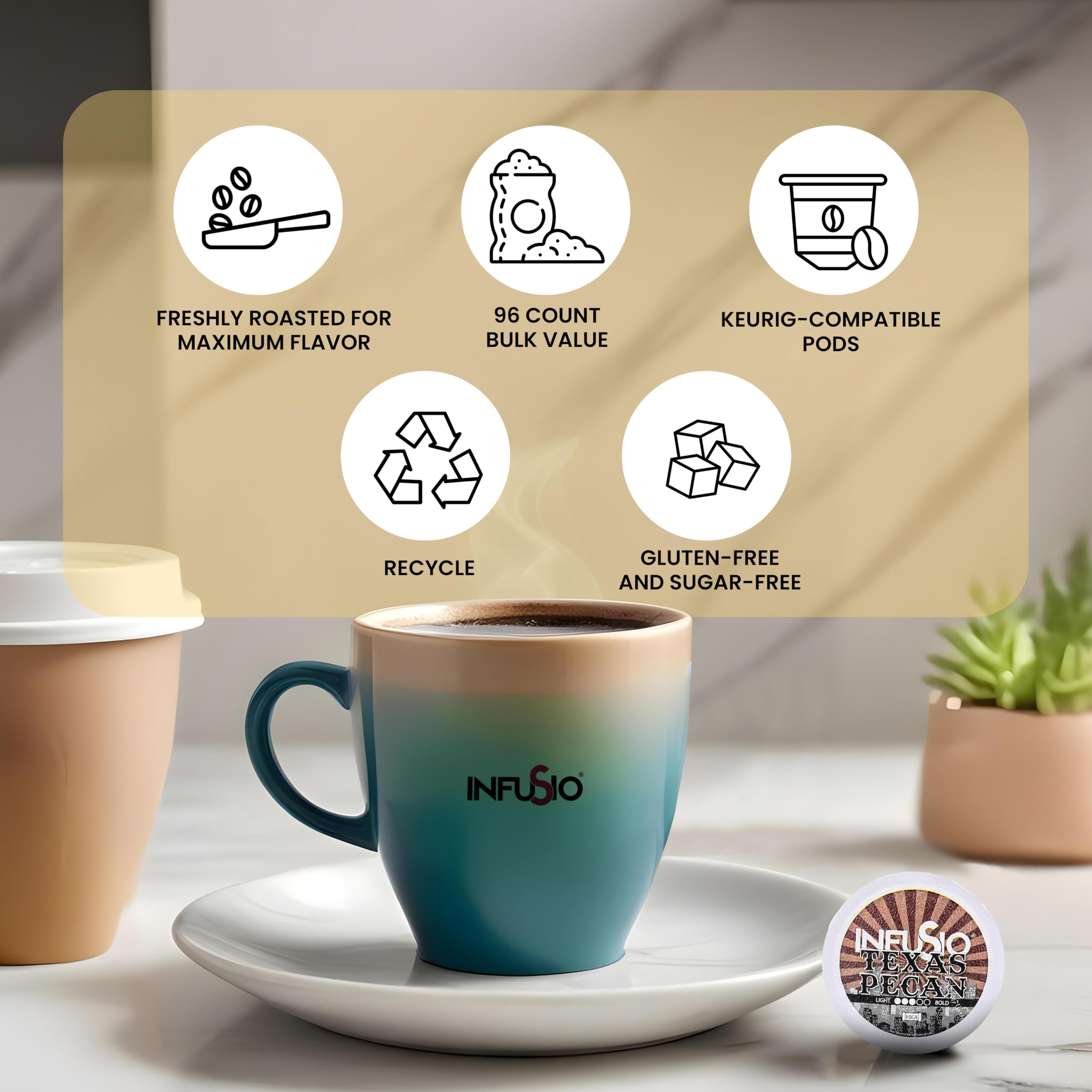 InfuSio cápsula en mano para comparar tamaño, práctico y compatible con Keurig