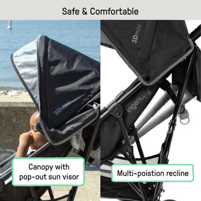Ingenuity stroller canopy with pop-out sun visor protecting child from bright sun