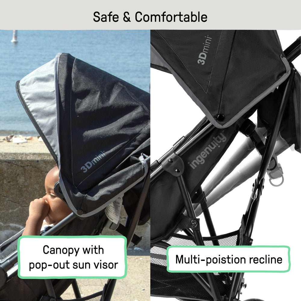 Ingenuity stroller canopy with pop-out sun visor protecting child from bright sun