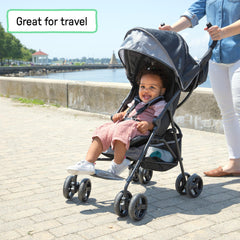 Ingenuity stroller folded compact for transport, highlighting easy lift and storage