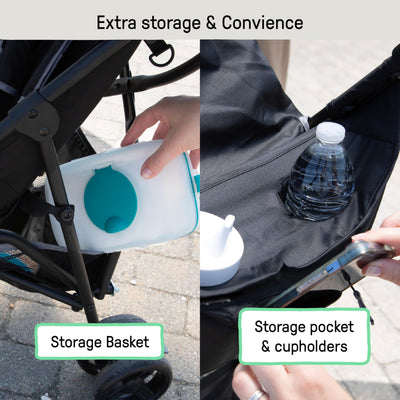 Ingenuity stroller wheel and lock detail displaying anti-shock front wheels and safety