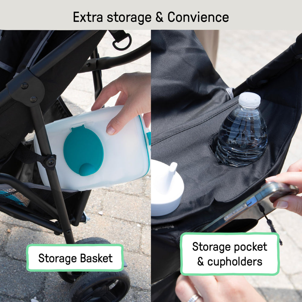 Ingenuity stroller wheel and lock detail displaying anti-shock front wheels and safety