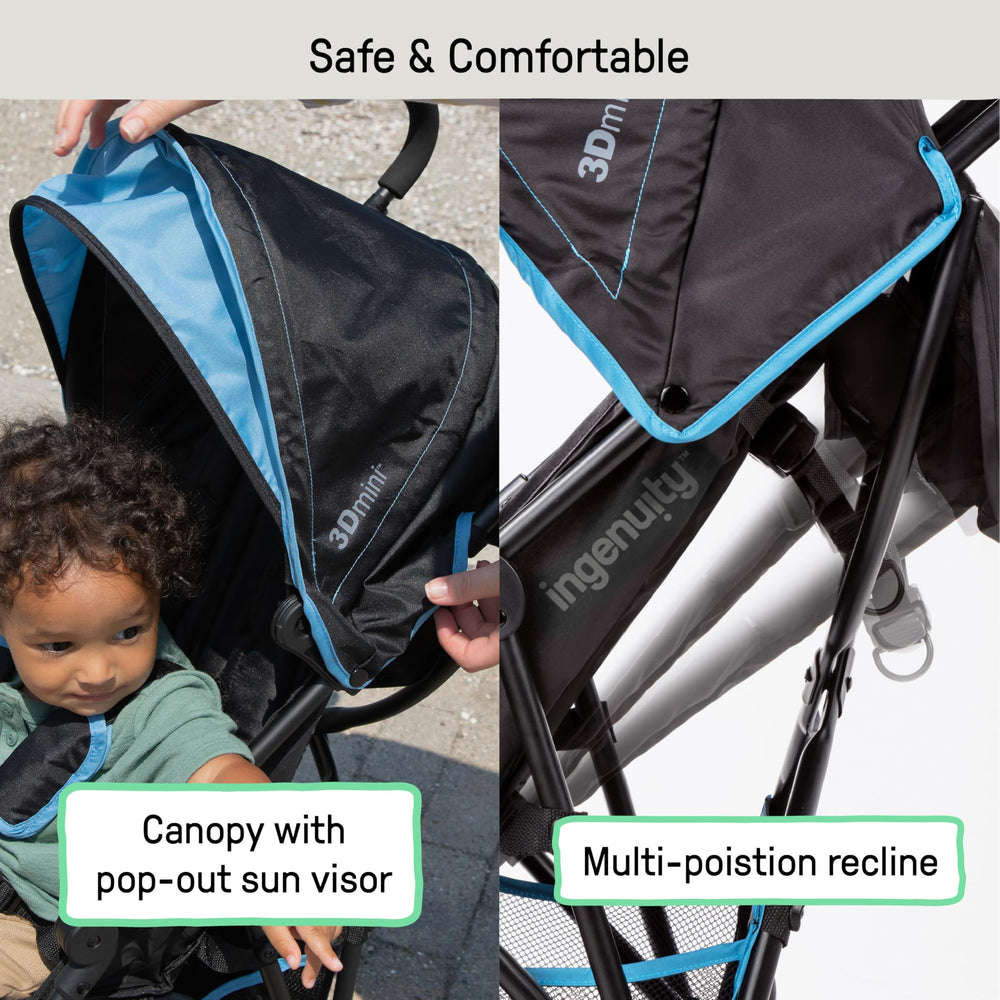 Ingenuity 3D Mini canopy with pop-out sun visor protecting child from sun