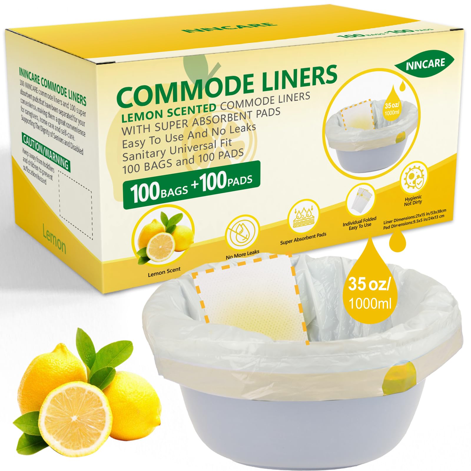 ININCARE front box packaging showing 100 liners and pads for quick replenishment