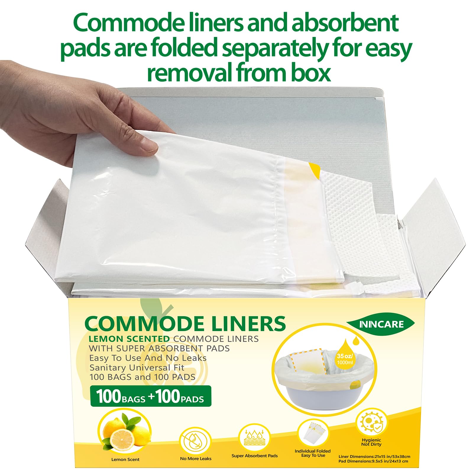 ININCARE liner installed on a bedside commode offering leak-free convenience