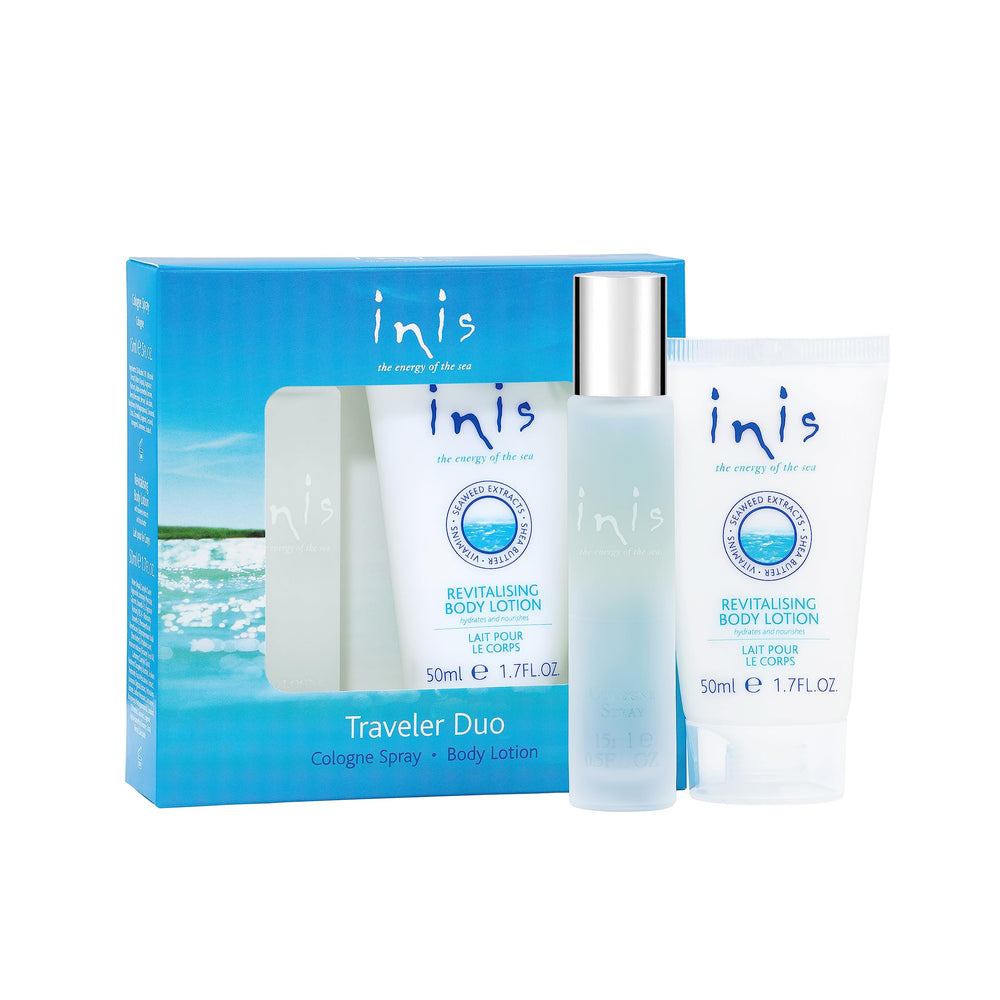 Inis set packaging mostrando caja elegante y tamaños de viaje, marca Inis y conveniencia