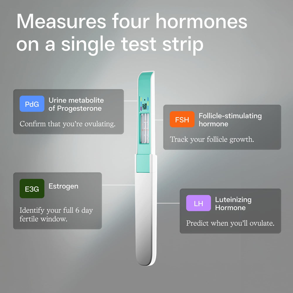 Inito test strip close-up showing multi-hormone test areas for four-hormone readings