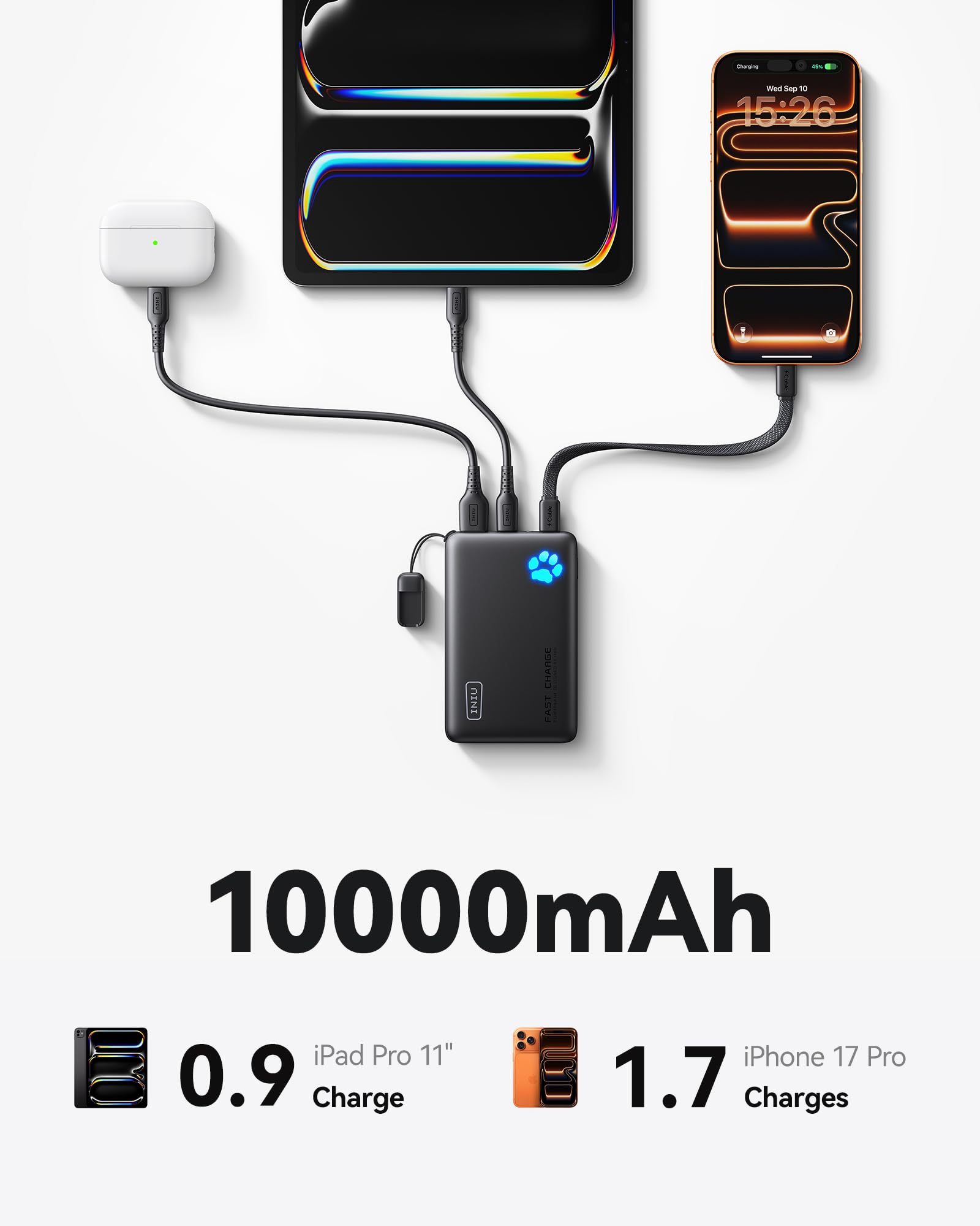 INIU cable USB-C desmontable conectado, facilita reemplazo y versatilidad