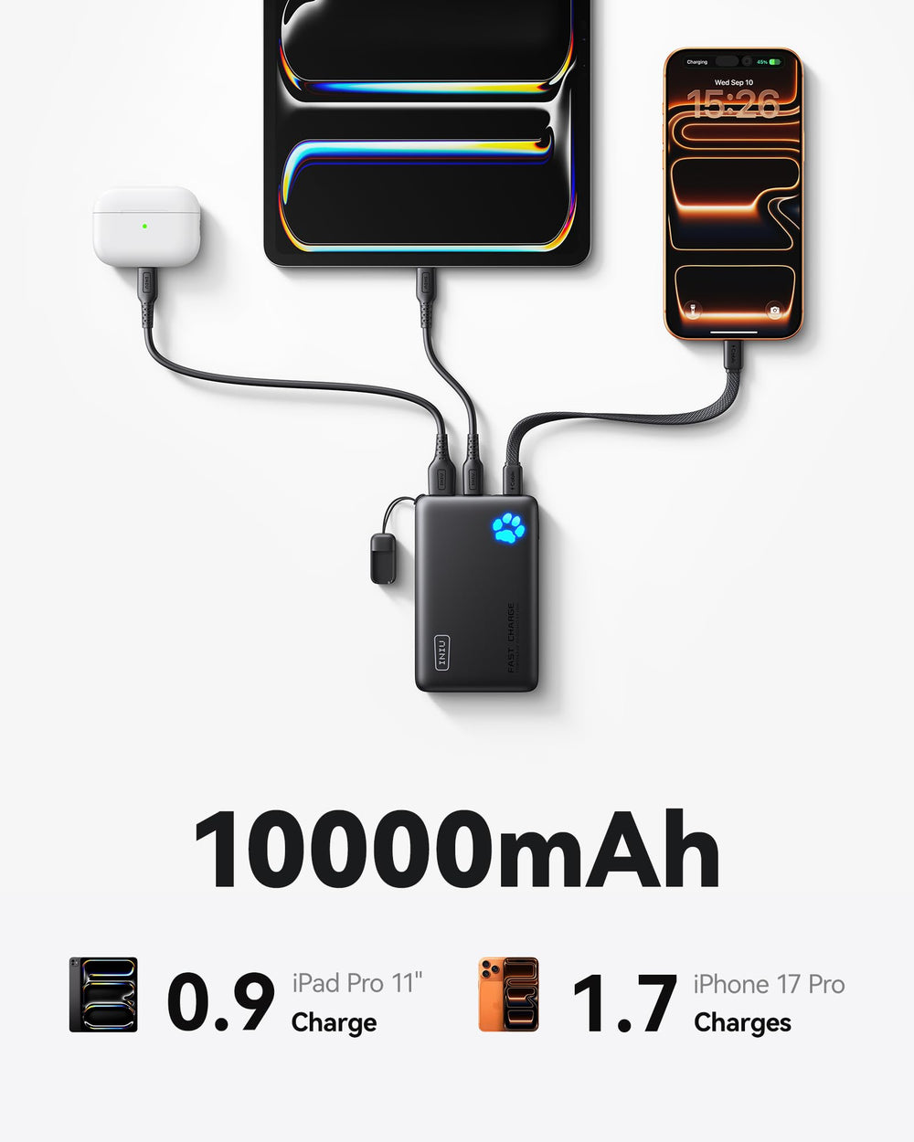 INIU cable USB-C desmontable conectado, facilita reemplazo y versatilidad