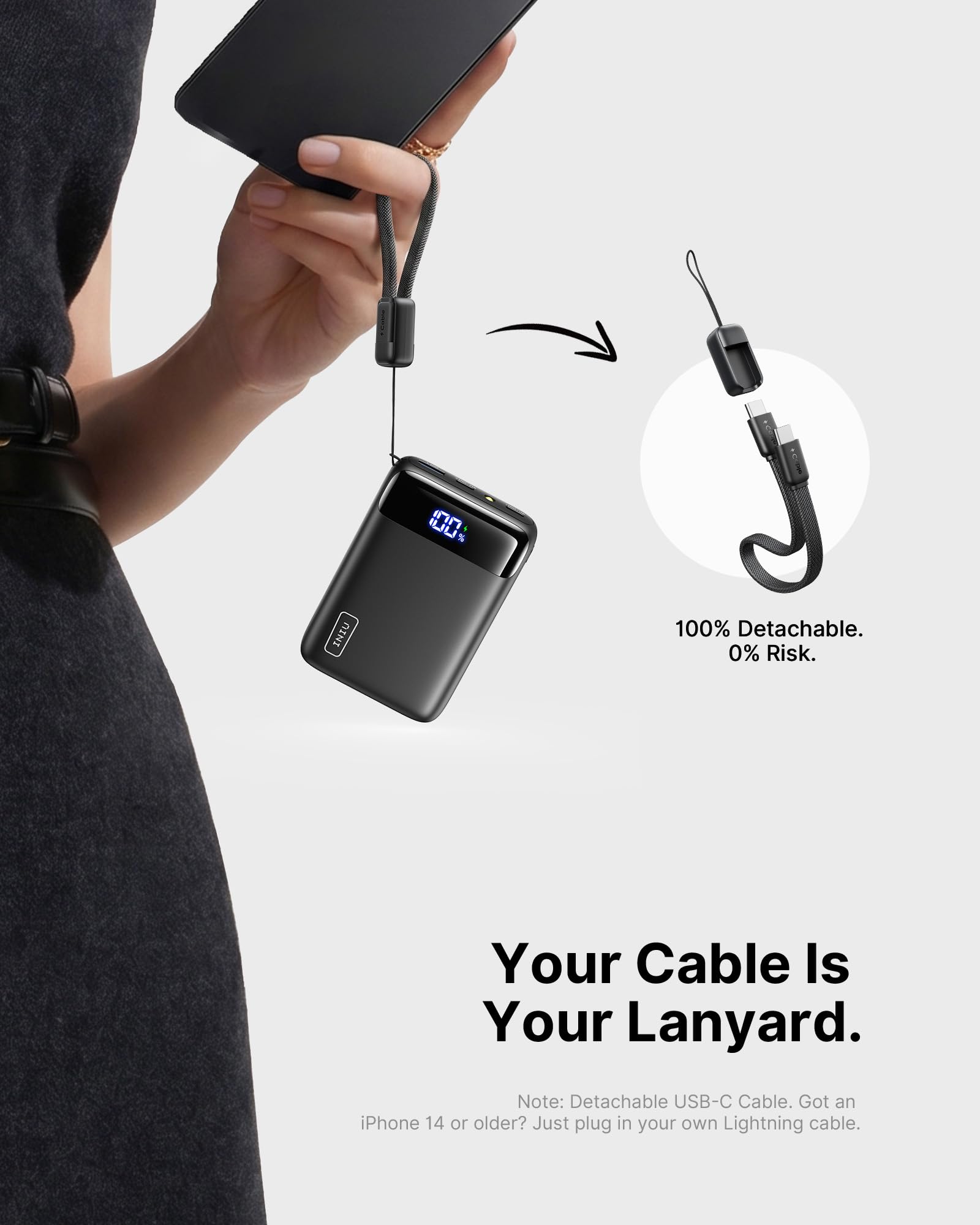 INIU cable USB‑C integrado como lanyard desmontable, evita llevar cables adicionales