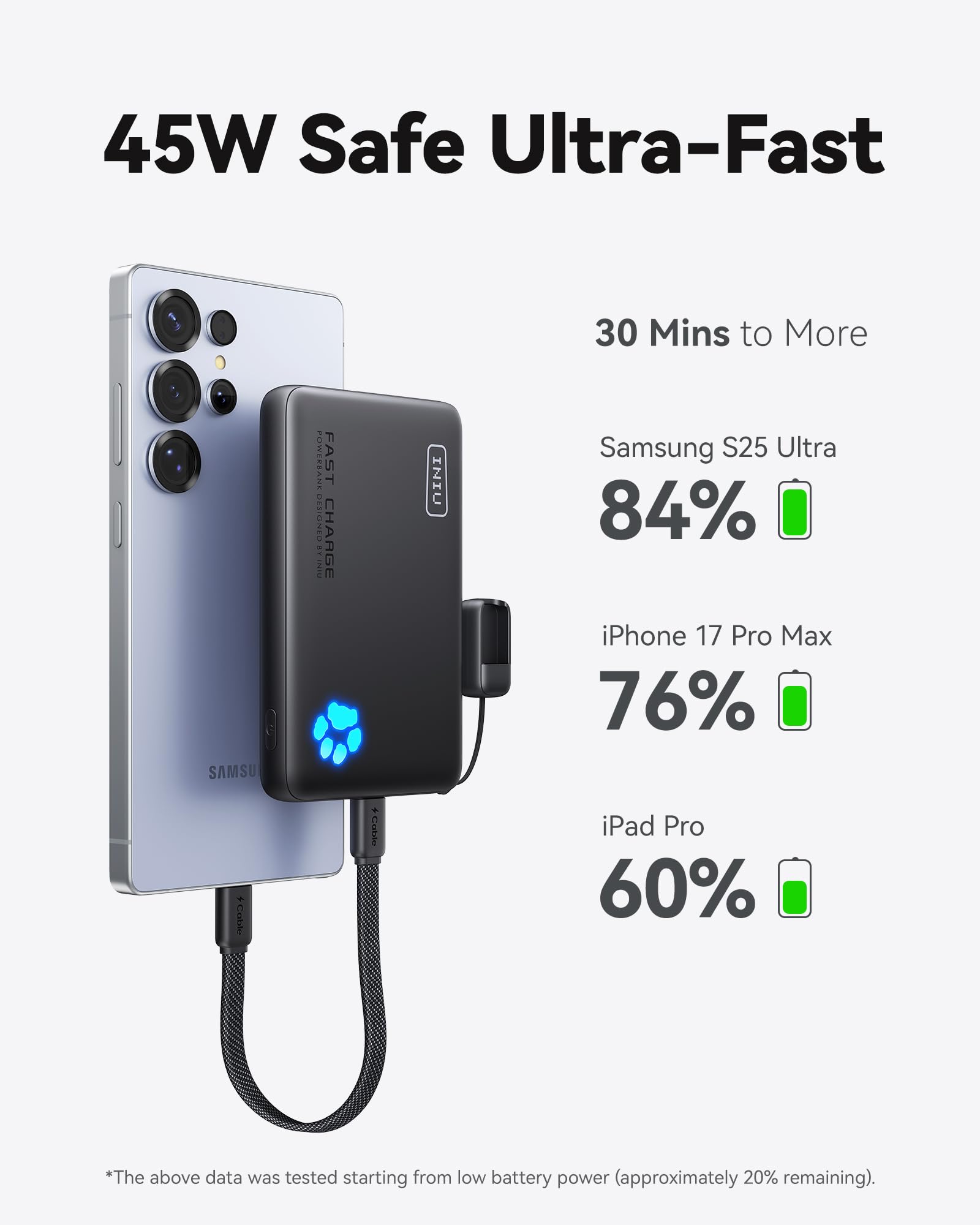 INIU power bank en uso cargando un smartphone para recarga rápida en movimiento