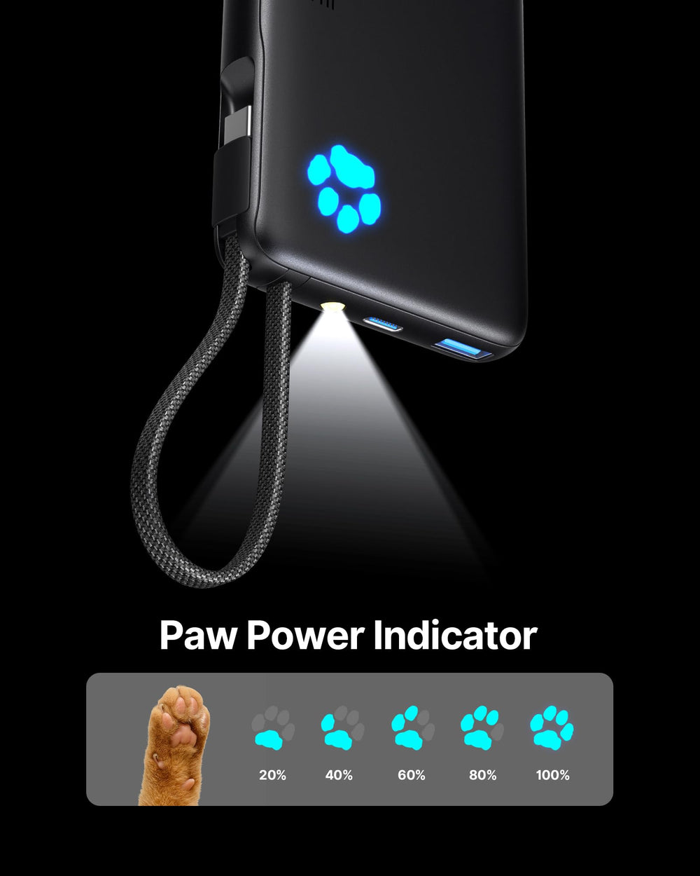 INIU indicador de cuatro patas iluminadas mostrando porcentaje de batería de forma clara
