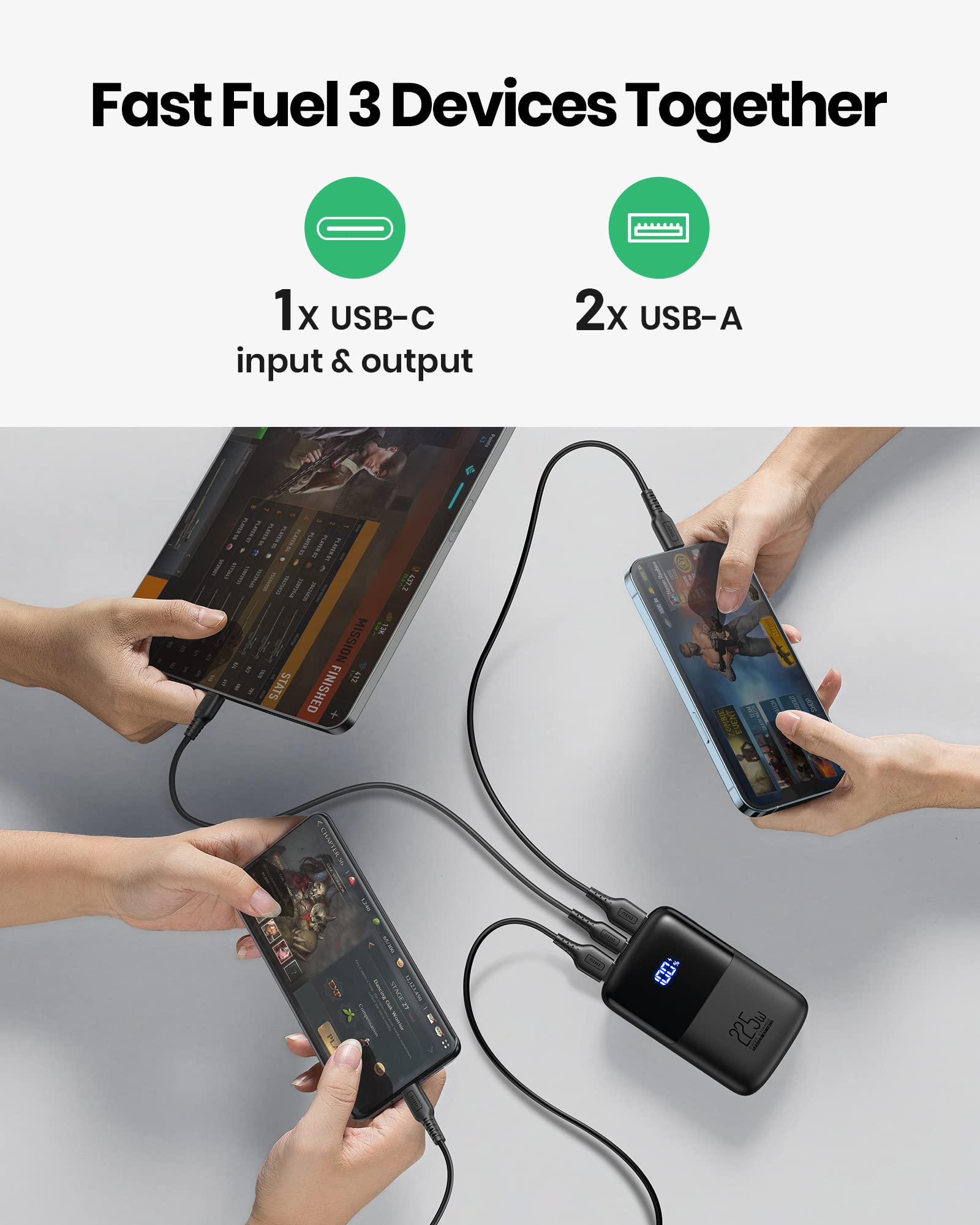 INIU power bank charging three devices simultaneously demonstrating versatile multi-device power