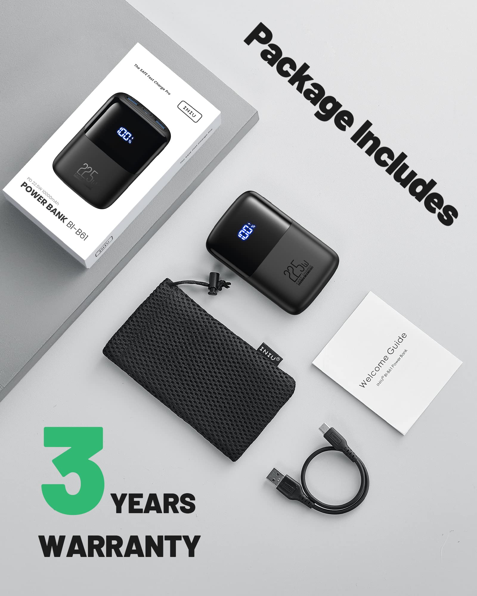 INIU power bank unboxed with accessories showing ready-to-use packaging and included items