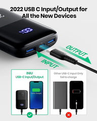 INIU power bank ports closeup showing USB-C and USB-A fast-charge outputs for convenience