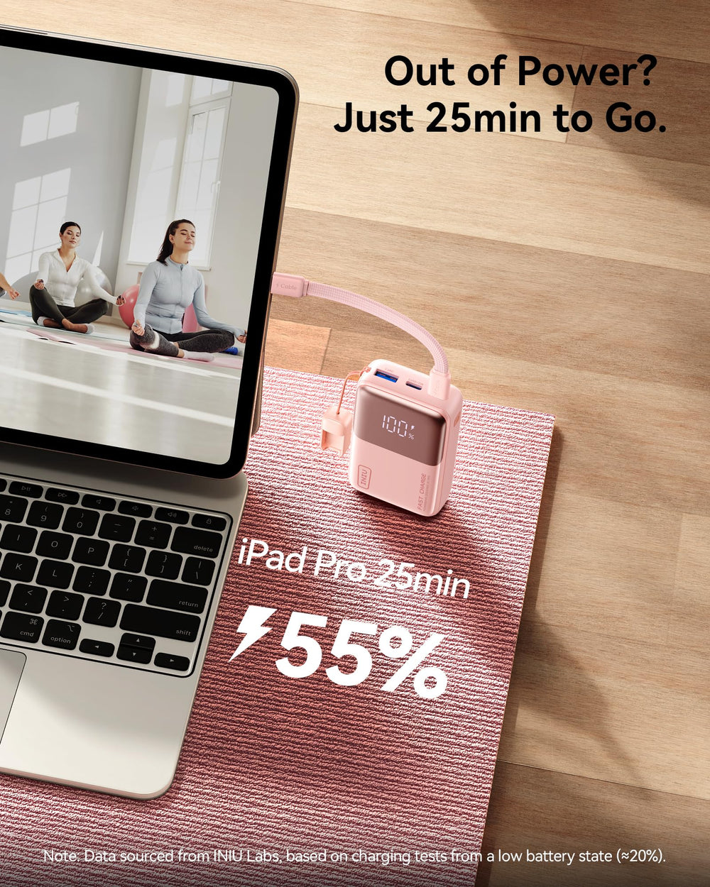 INIU ultra mini on an airport table charging devices for dependable travel power
