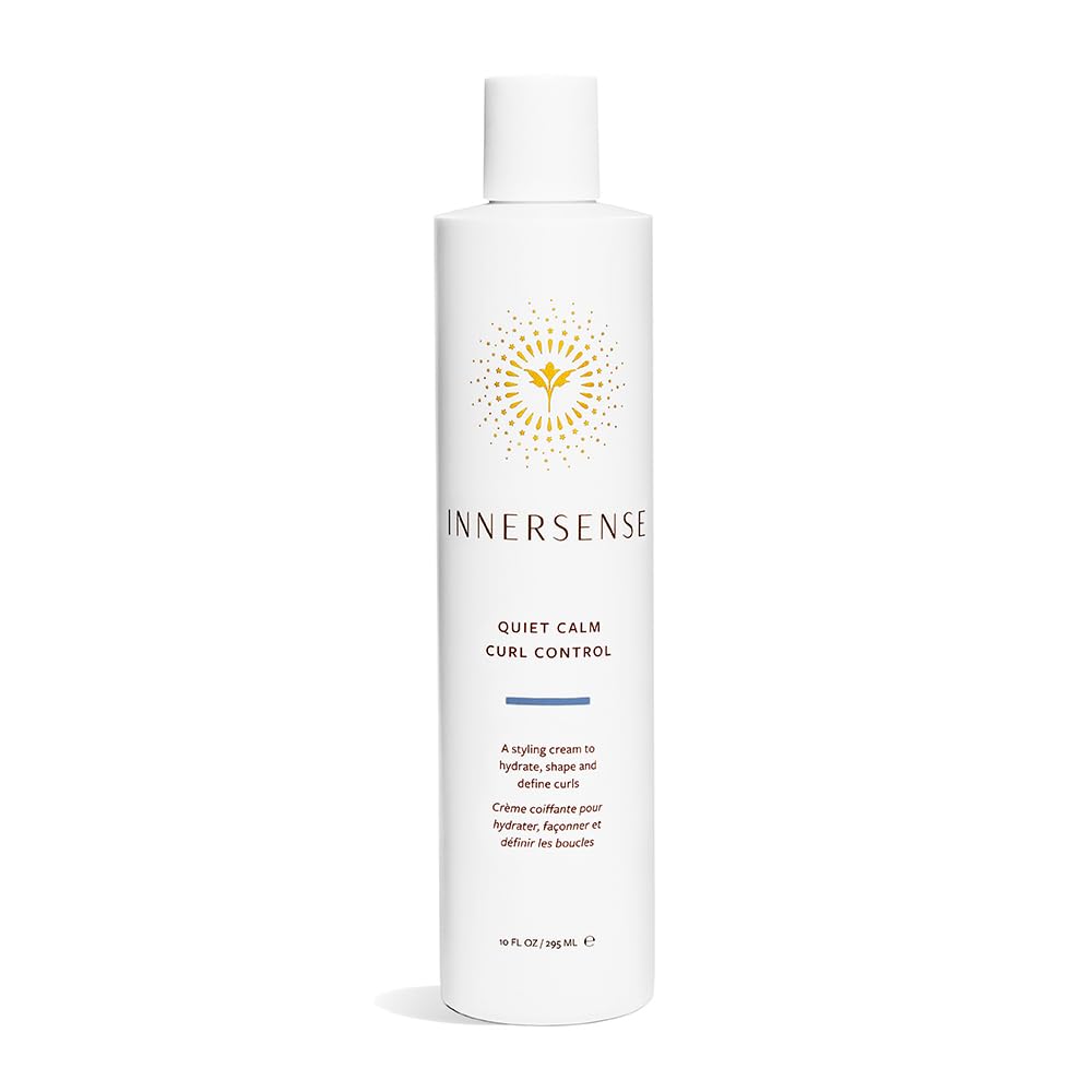 INNERSENSE envase frontal Quiet Calm Curl Control crema 10oz mostrando etiqueta clara y útil