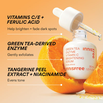 innisfree ingredient list closeup highlighting vitamin C, niacinamide and hyaluronic acid