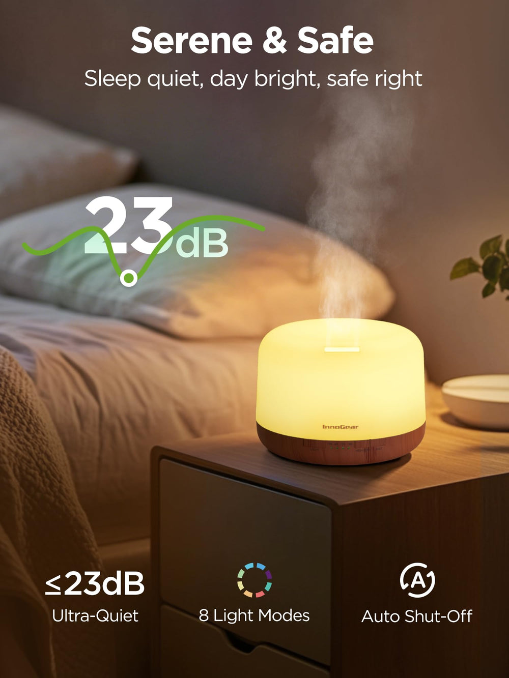 InnoGear diffuser next to a water bottle showing 500ml scale and runtime benefit