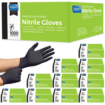 Inspire front packaging showing durable black nitrile gloves and bulk case benefit