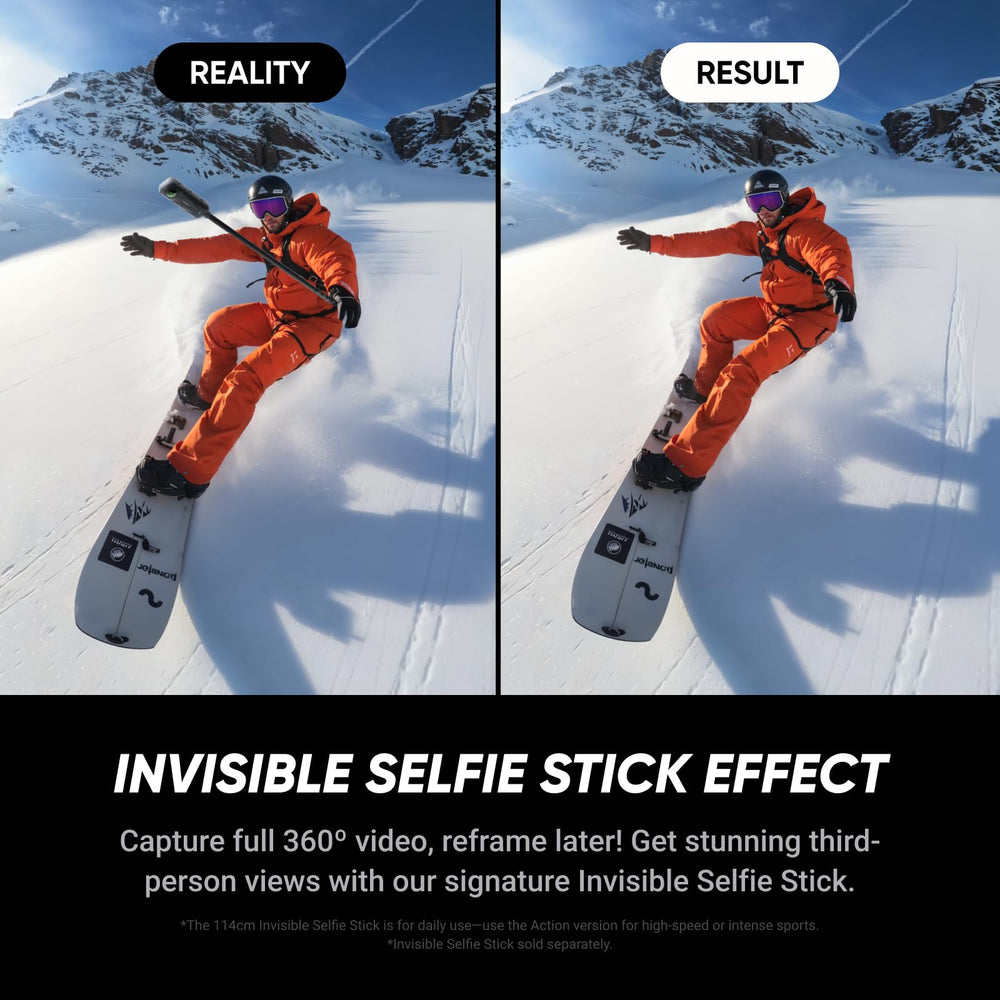 Insta360 X5 mounted showing invisible selfie stick effect for clean third-person shots