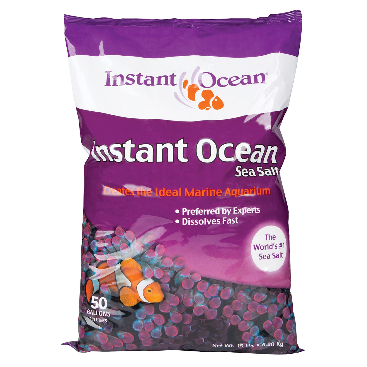 Instant Ocean frente del empaque 50 gal mostrando presentación y ventaja de mezcla rápida