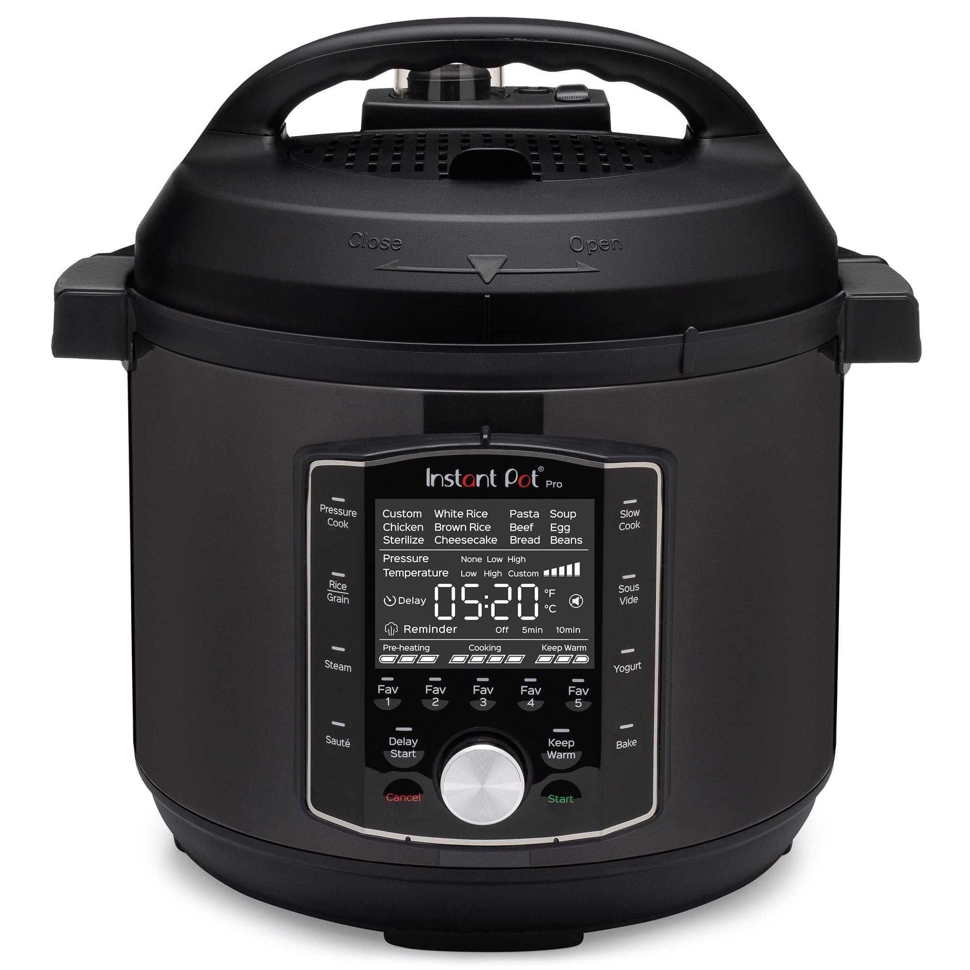 Instant Pot Pro vista frontal negra mostrando botones y capacidad familiar