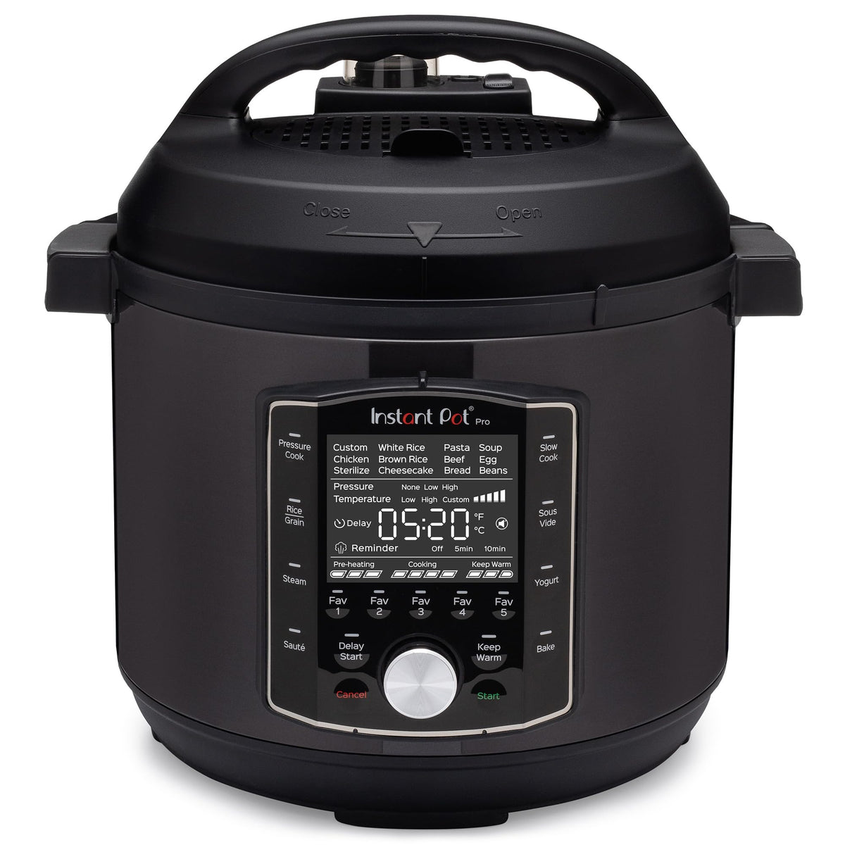 Instant Pot Pro vista frontal negra mostrando botones y capacidad familiar