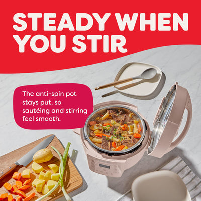 Instant Pot RIO Mini cooking hot soup inside, Instant Pot fast pressure cooking for weeknight dinners