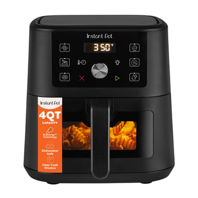 Instant Pot VORTEX front view showing compact black finish and accessible handle benefit space-saving