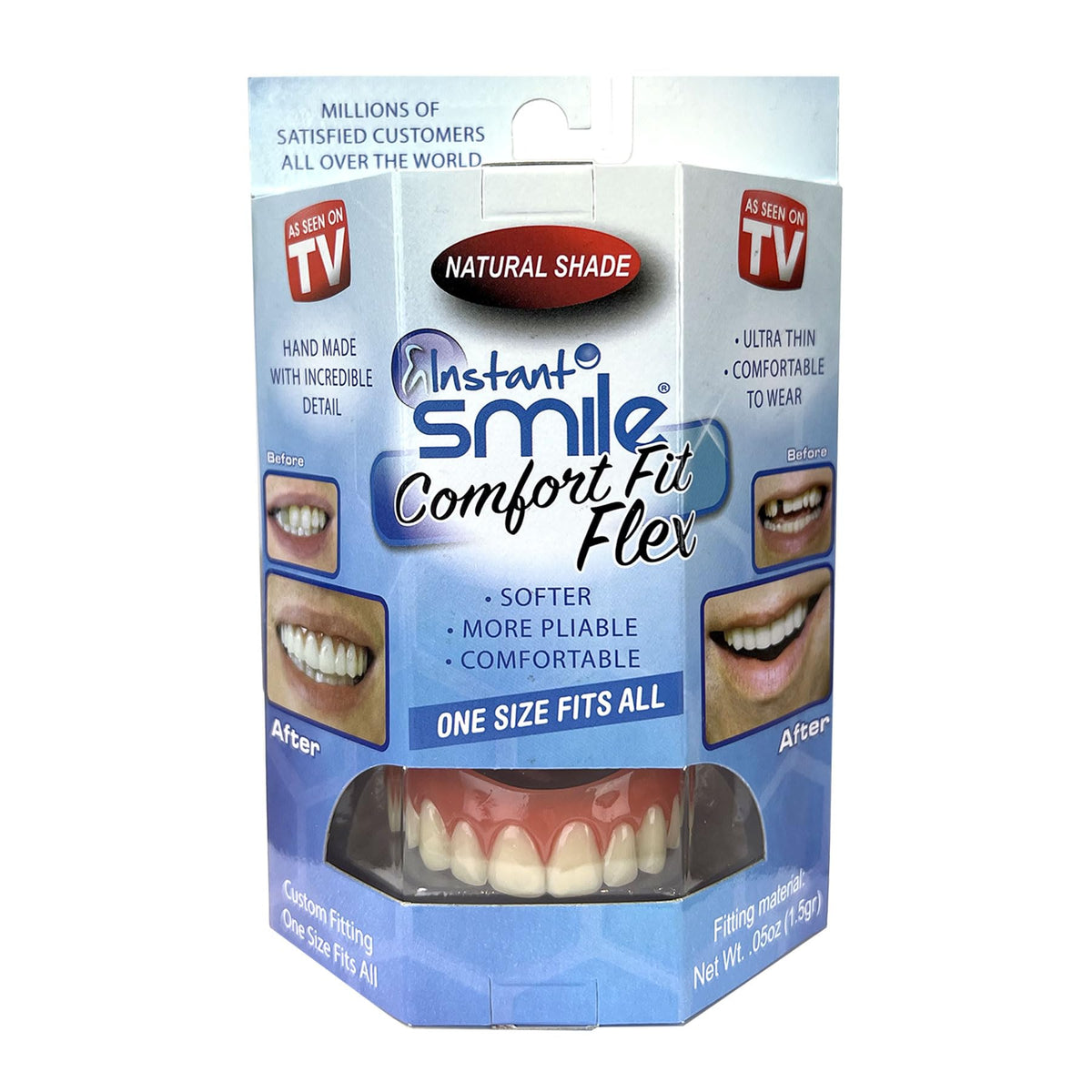 Instant Smile presentación frontal mostrando caja y tono natural, mejora instantánea