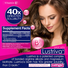 InstaRelief etiqueta con ingredientes claves que resalta biotina y pureza