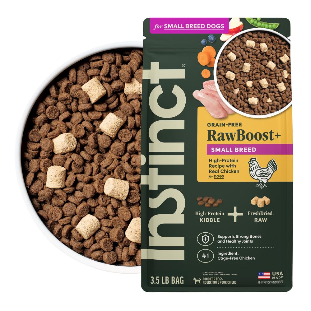 Instinct empaque frontal mostrando la fórmula Small Breed y beneficios