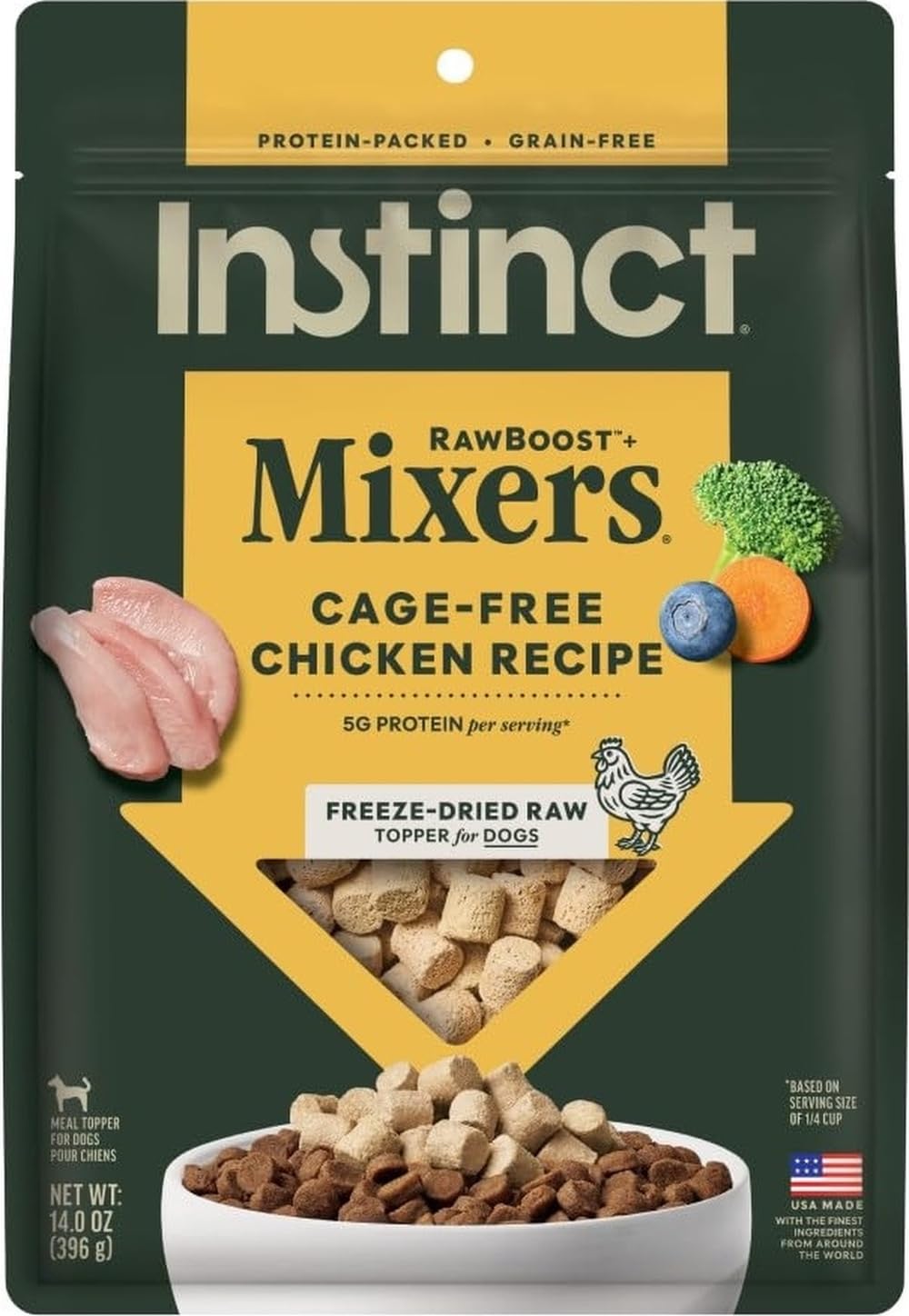 Instinct paquete frontal muestra el topper liofilizado y su beneficio práctico