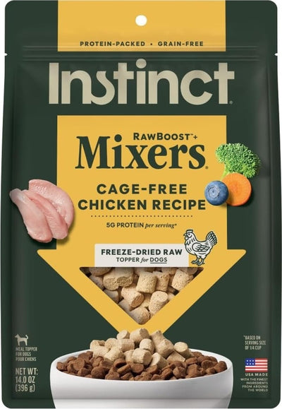 Instinct paquete frontal muestra el topper liofilizado y su beneficio práctico