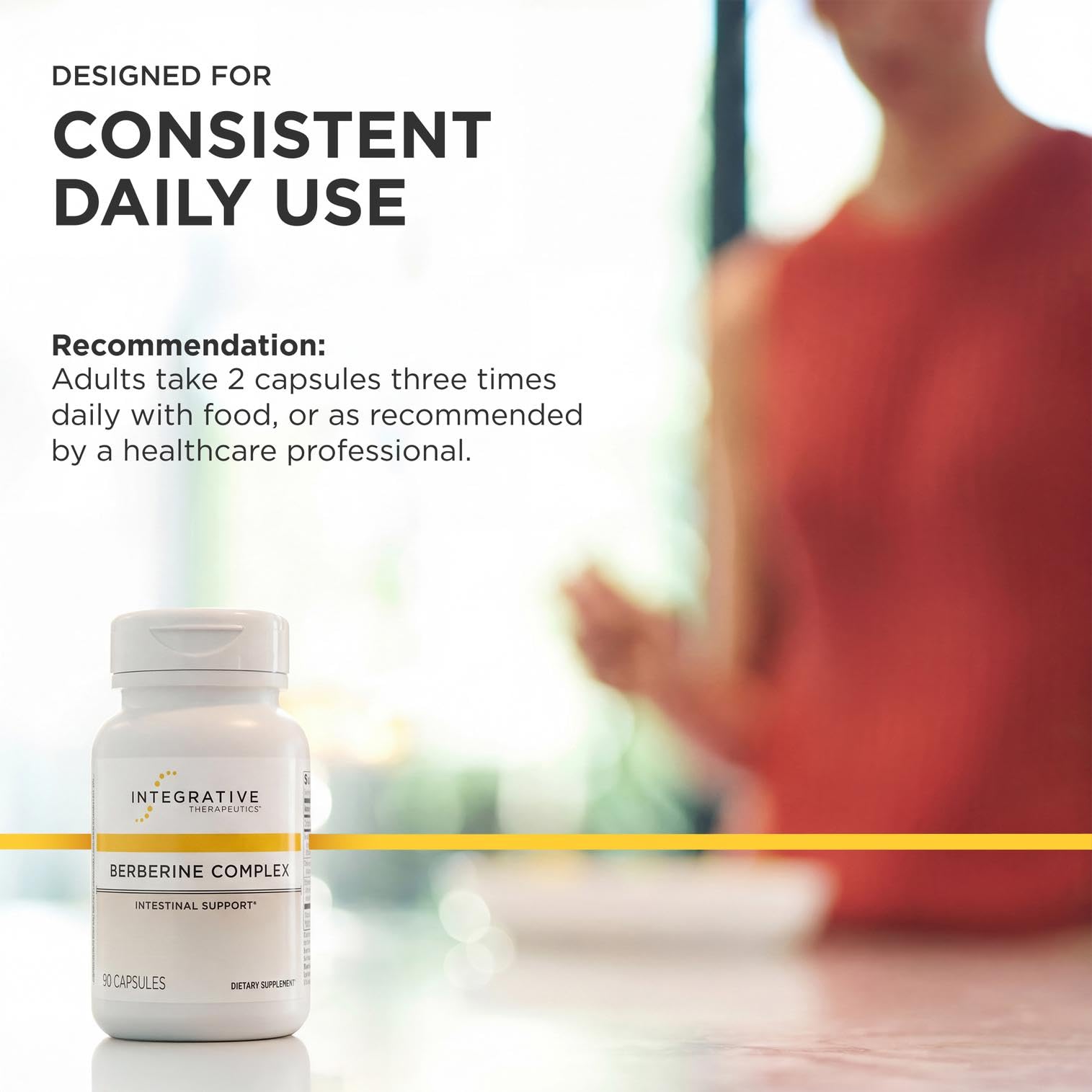 Integrative Therapeutics botella en encimera de cocina sugiriendo uso diario fácil
