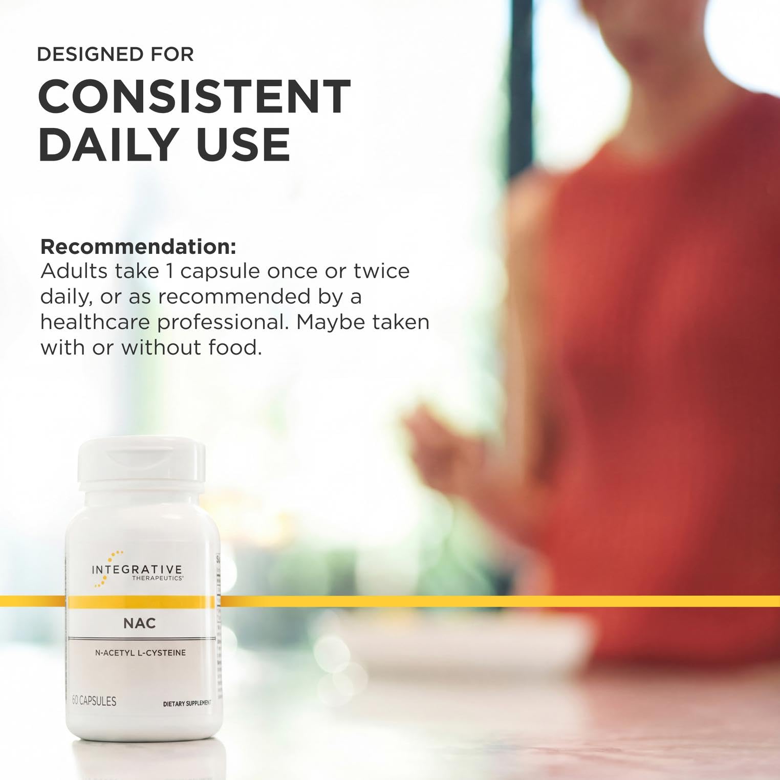 Integrative Therapeutics cápsulas junto a un desayuno mostrando uso matutino práctico
