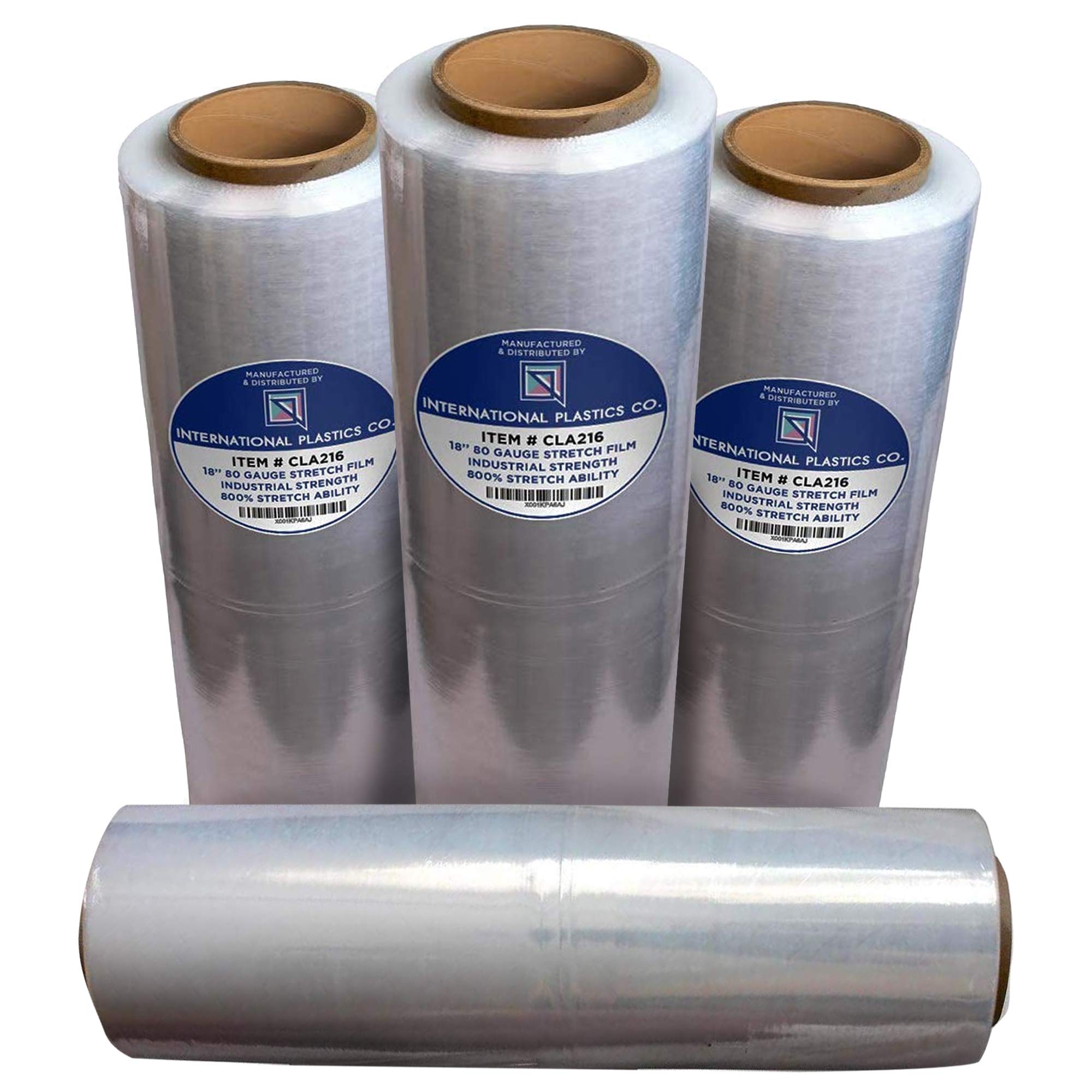 International Plastics Co. clear front packaging showing four 18 inch rolls and label benefit