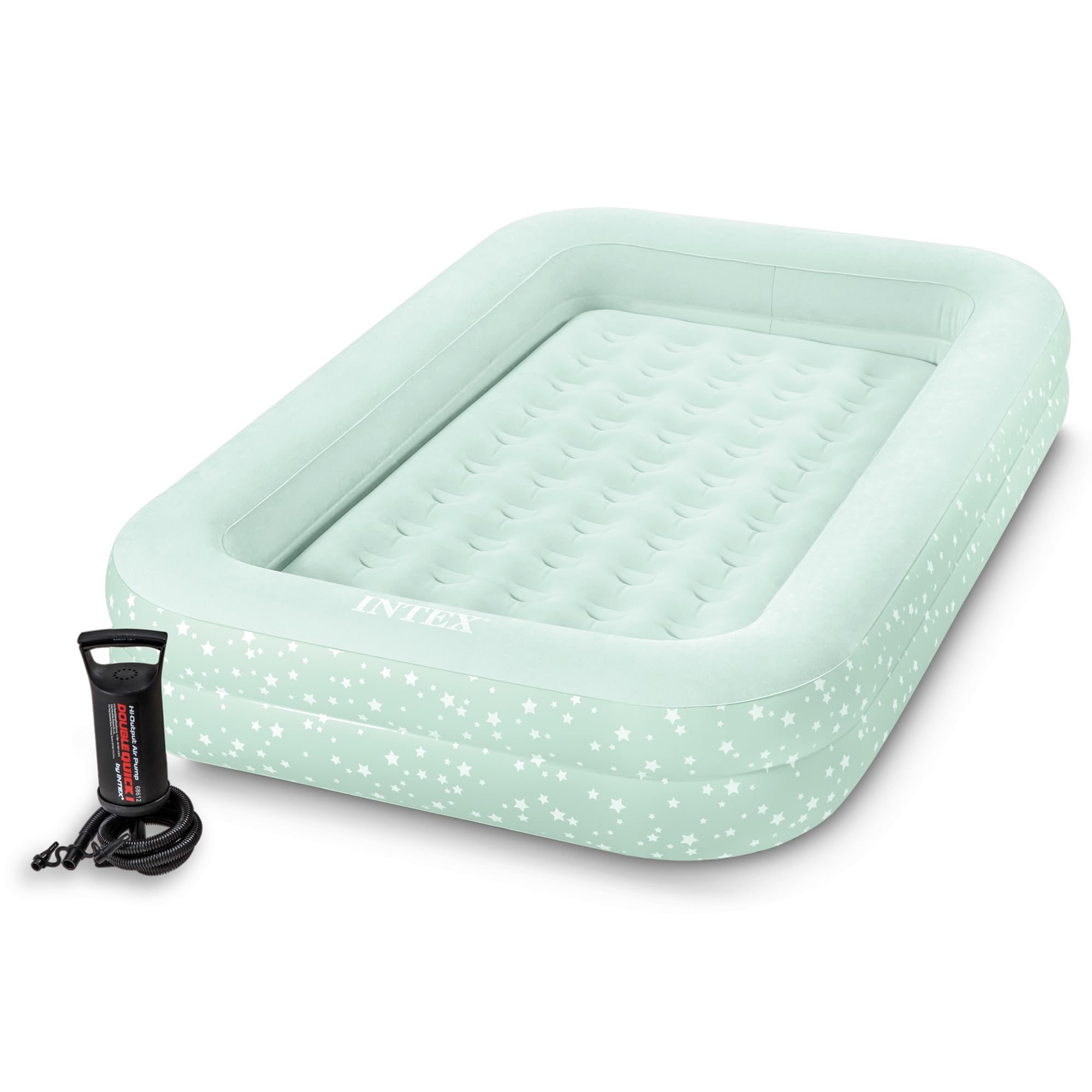 Intex cama inflable frontal mostrando diseño con estrellas y comodidad