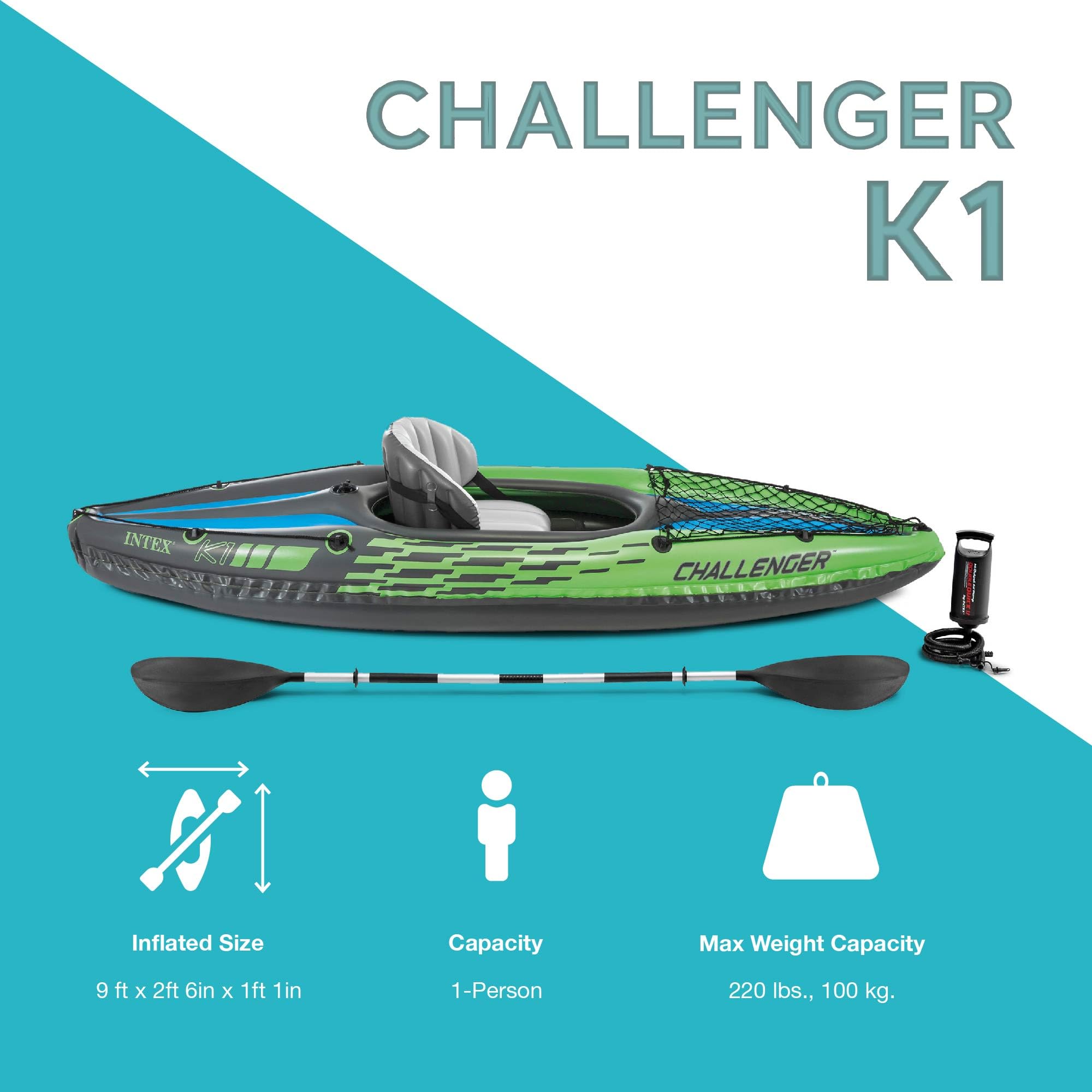 Intex Challenger K1 remo deluxe y bomba de alta salida listos para inflar